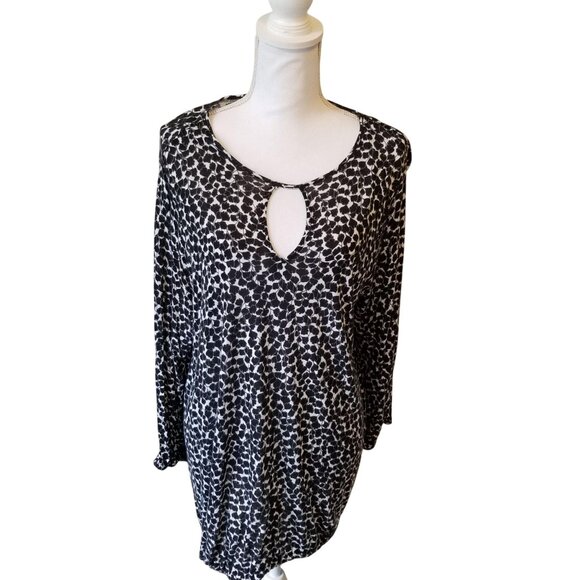 Michael Michael Kors Womens Black & White Leopard Print Long Sleeve Keyhole Blou - Picture 1 of 3